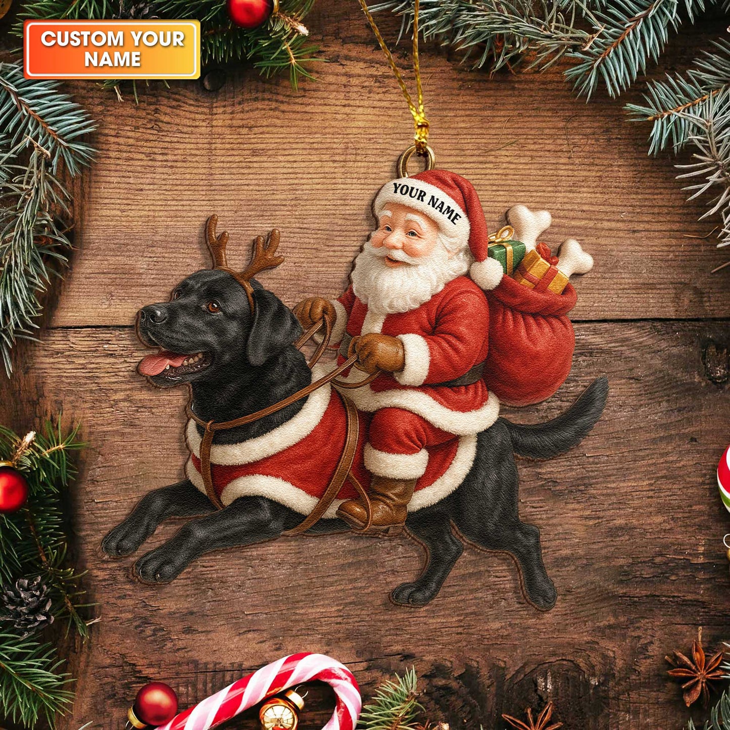 Santa Riding Black Lab Christmas Ornament, Personalized Cute Labrador Wooden Ornament