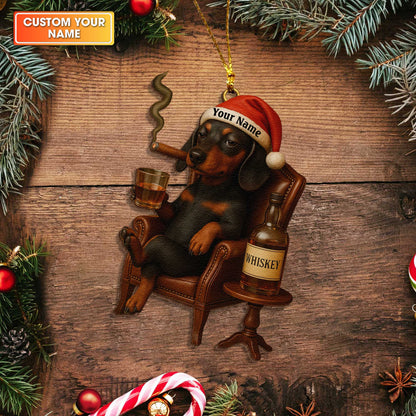 Badass Dachshund With Whiskey And Smoking Christmas Ornament, Personalized Wooden Dachshund Christmas Ornament