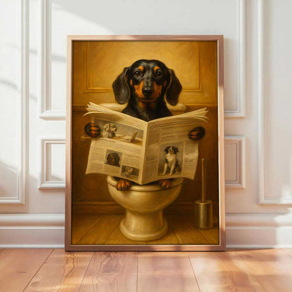 Dog Reading Newspaper On Toilet Canvas, Funny Dachshund Wall Art