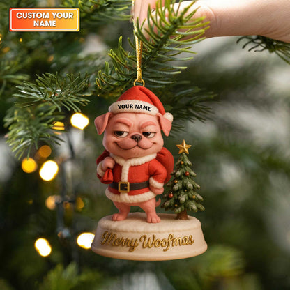 Personalized Pug Christmas Ornament, Merry Woofmas Dog Ornament, Cute Holiday Gift for Pug Lovers