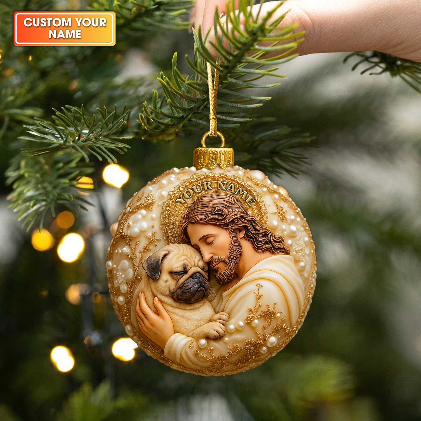 Personalized Jesus Hugging Pug Christmas Ornament, Custom Dog Memorial Gift, Religious Holiday Keepsake for Pug Lovers