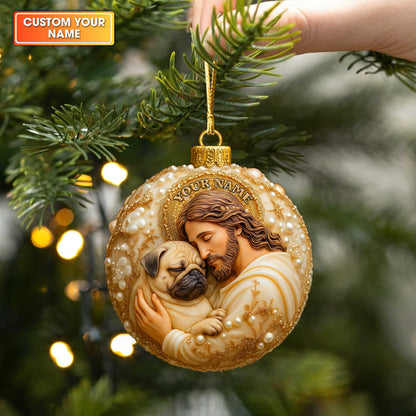 Personalized Jesus Hugging Pug Christmas Ornament, Custom Dog Memorial Gift, Religious Holiday Keepsake for Pug Lovers