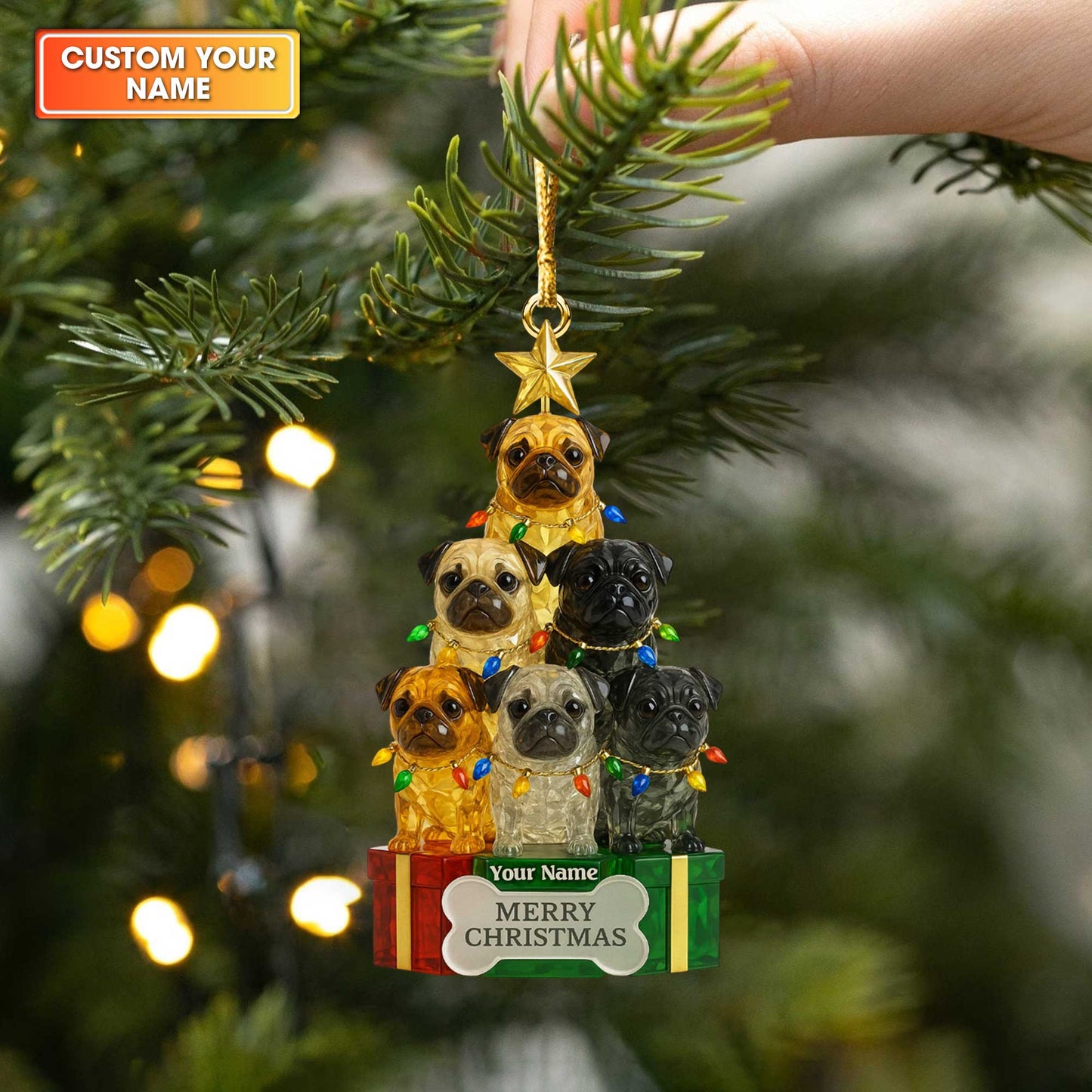 Personalized Pug Christmas Tree Ornament, Funny Custom Name Holiday Gift for Pug Lovers