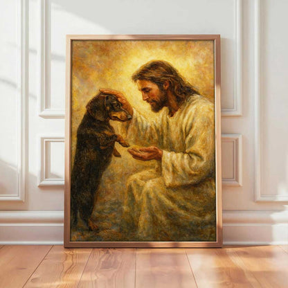 Inspirational Jesus and Dog Wall Art, Spiritual Canvas Print for Home Decor