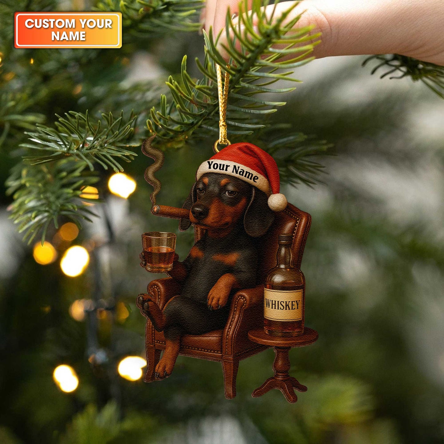 Badass Dachshund With Whiskey And Smoking Christmas Ornament, Personalized Wooden Dachshund Christmas Ornament