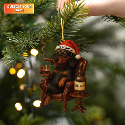 Badass Dachshund With Whiskey And Smoking Christmas Ornament, Personalized Wooden Dachshund Christmas Ornament