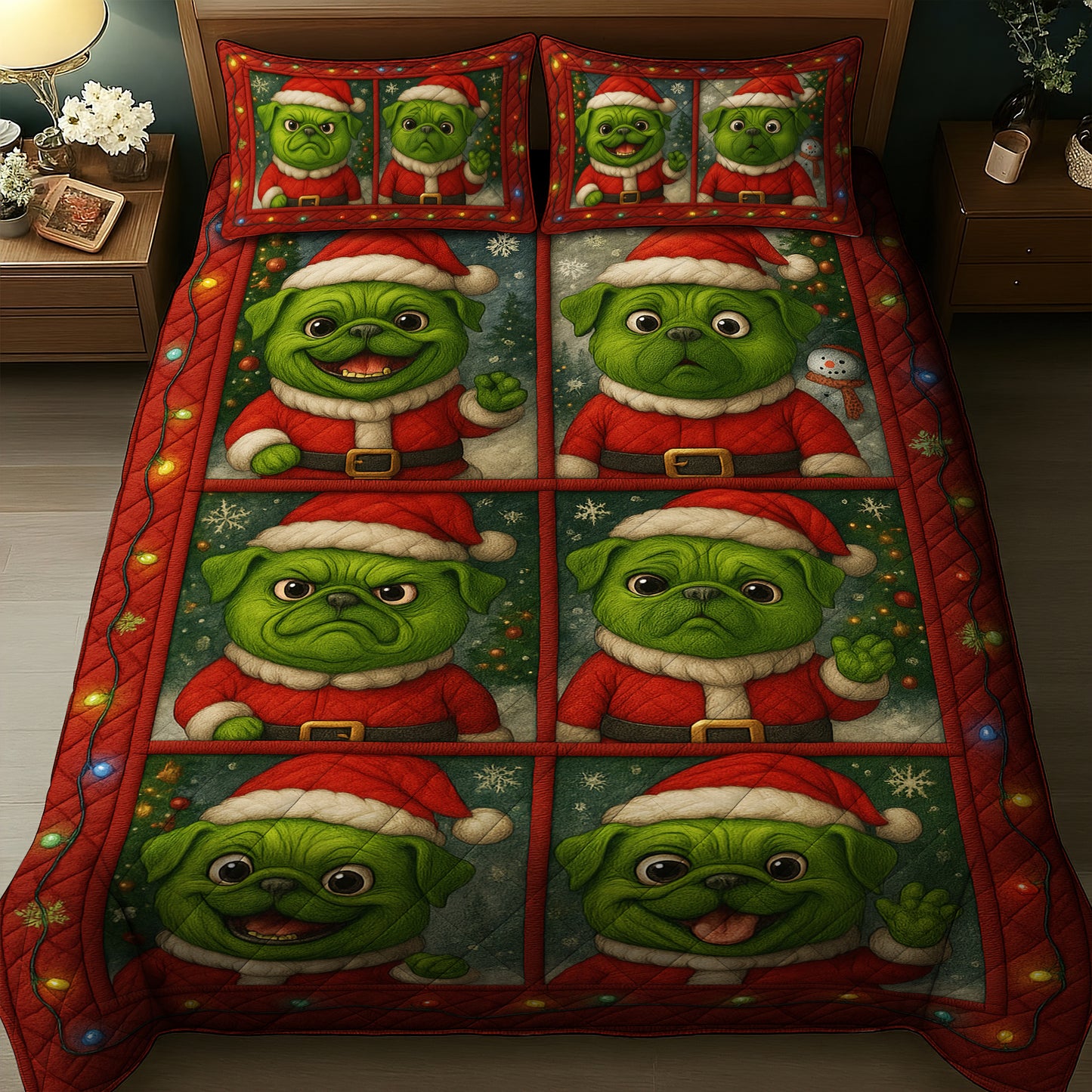 Funny Cute Pug Christmas Quilt Set, Pug Xmas Expressions Bedding For Dog Lover, Pugmas Bedroom Decor