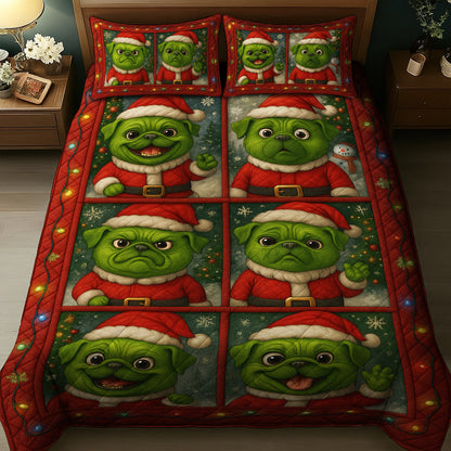 Funny Cute Pug Christmas Quilt Set, Pug Xmas Expressions Bedding For Dog Lover, Pugmas Bedroom Decor