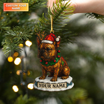 Stained Glass Style Cute Bulldog Snow Globe Ornament, Personalized Wooden Ornament For Bulldog Lovers