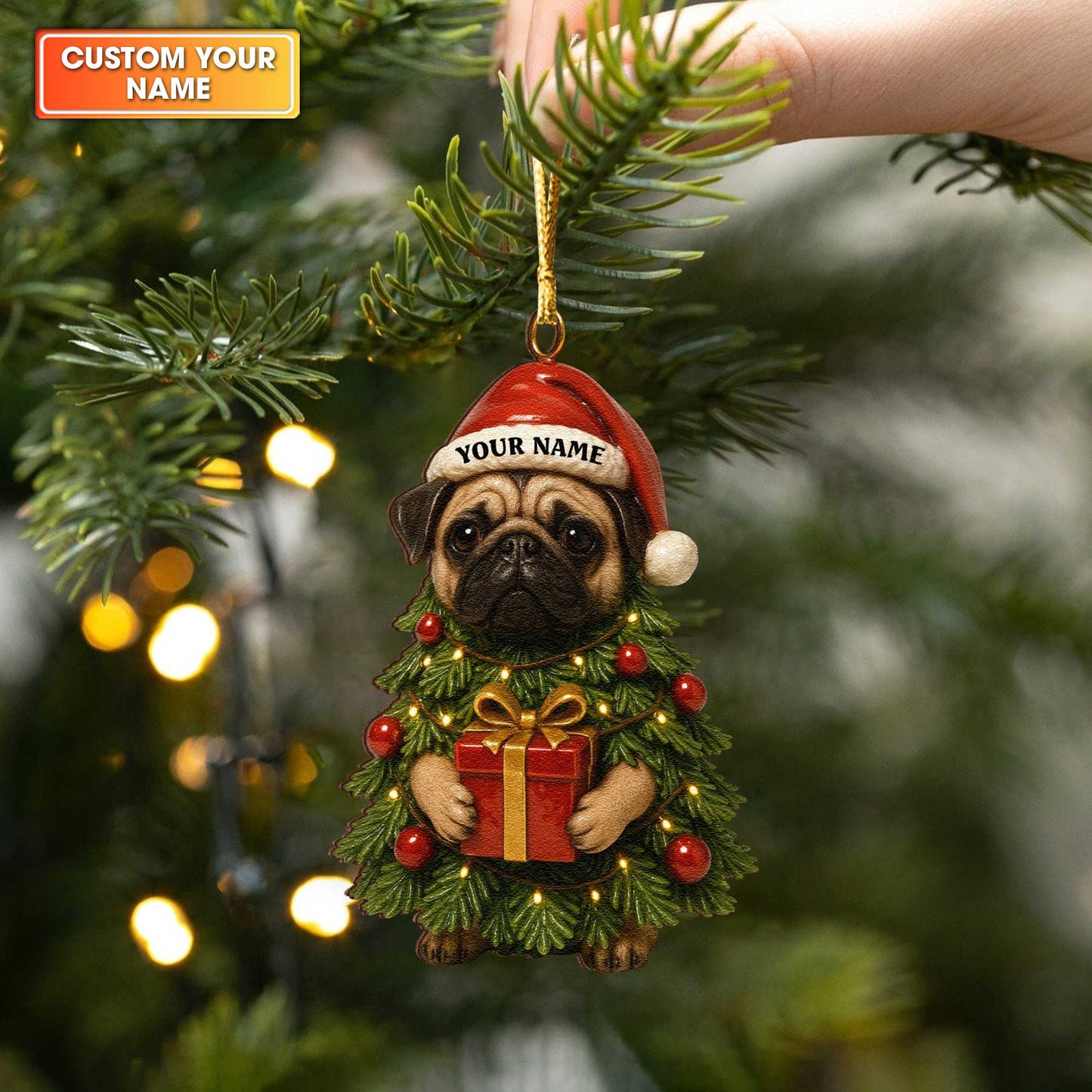 Personalized Ornament Pug, Pug Christmas Ornament With Custom Name, Pug Xmas Ornament For Dog Lover