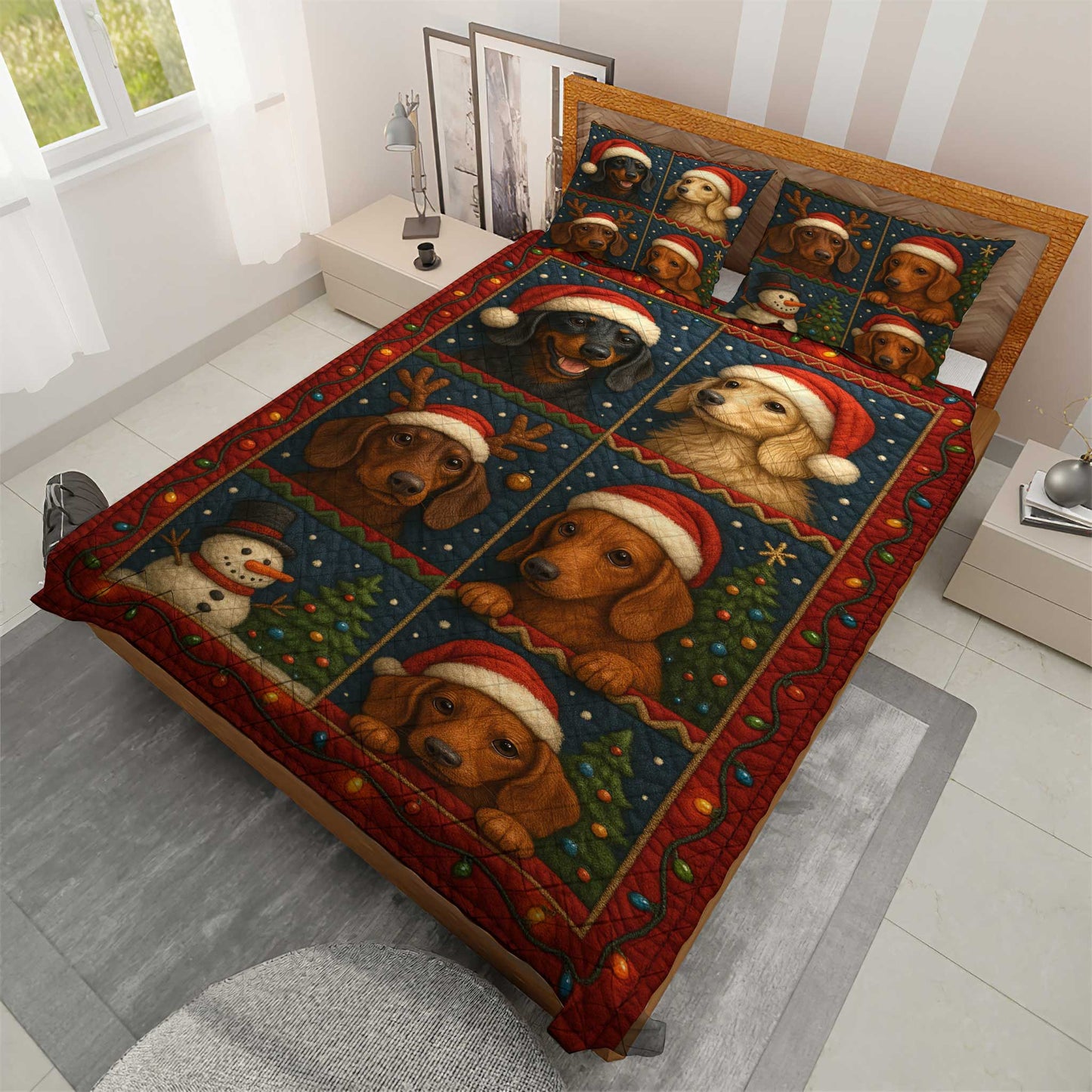 Santa Dachshund Christmas Quilt Set, Funny Wiener Dog Holiday Bedroom Decor