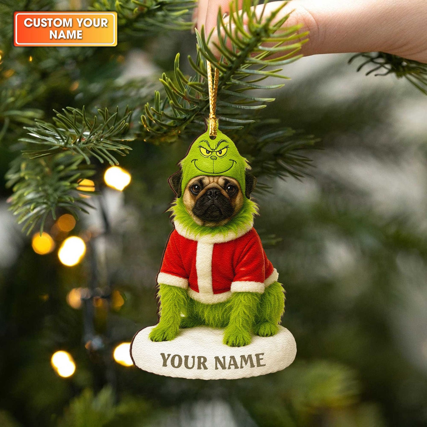 Personalized Wooden Ornament Pug, Pugrinch Christmas Ornament With Custom Name, Cute Pug Xmas Ornament For Dog Lover