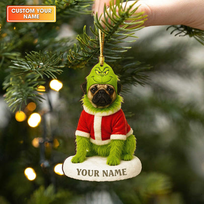 Personalized Wooden Ornament Pug, Pugrinch Christmas Ornament With Custom Name, Cute Pug Xmas Ornament For Dog Lover