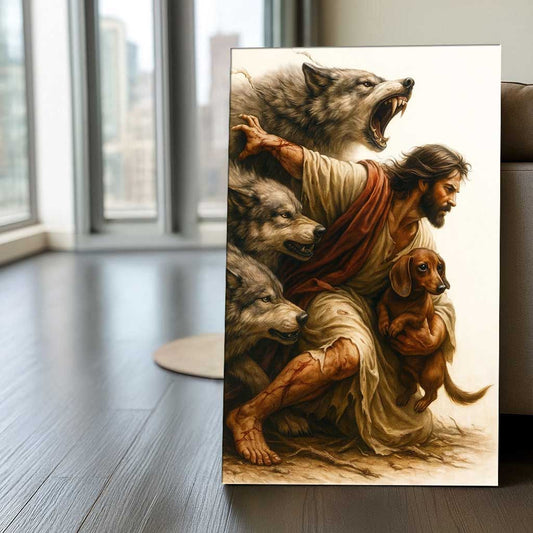 Protective Savior with Dachshund Wall Art, Faith and Loyalty Dog Canvas, Symbol of Divine Protection
