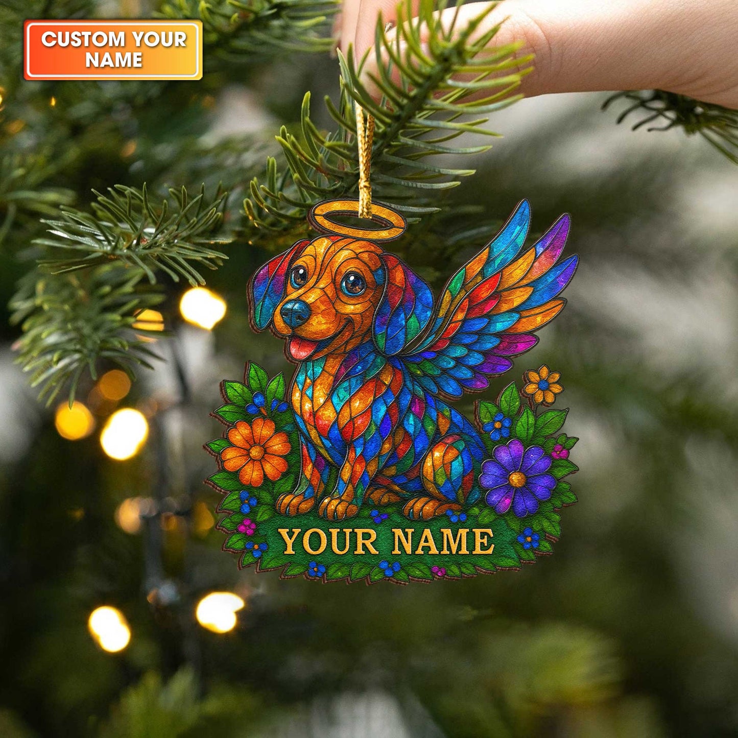 Colorful Dachshund Angel Stained Glass Style Ornament, Personalized Wooden Ornament For Dachshund Lovers