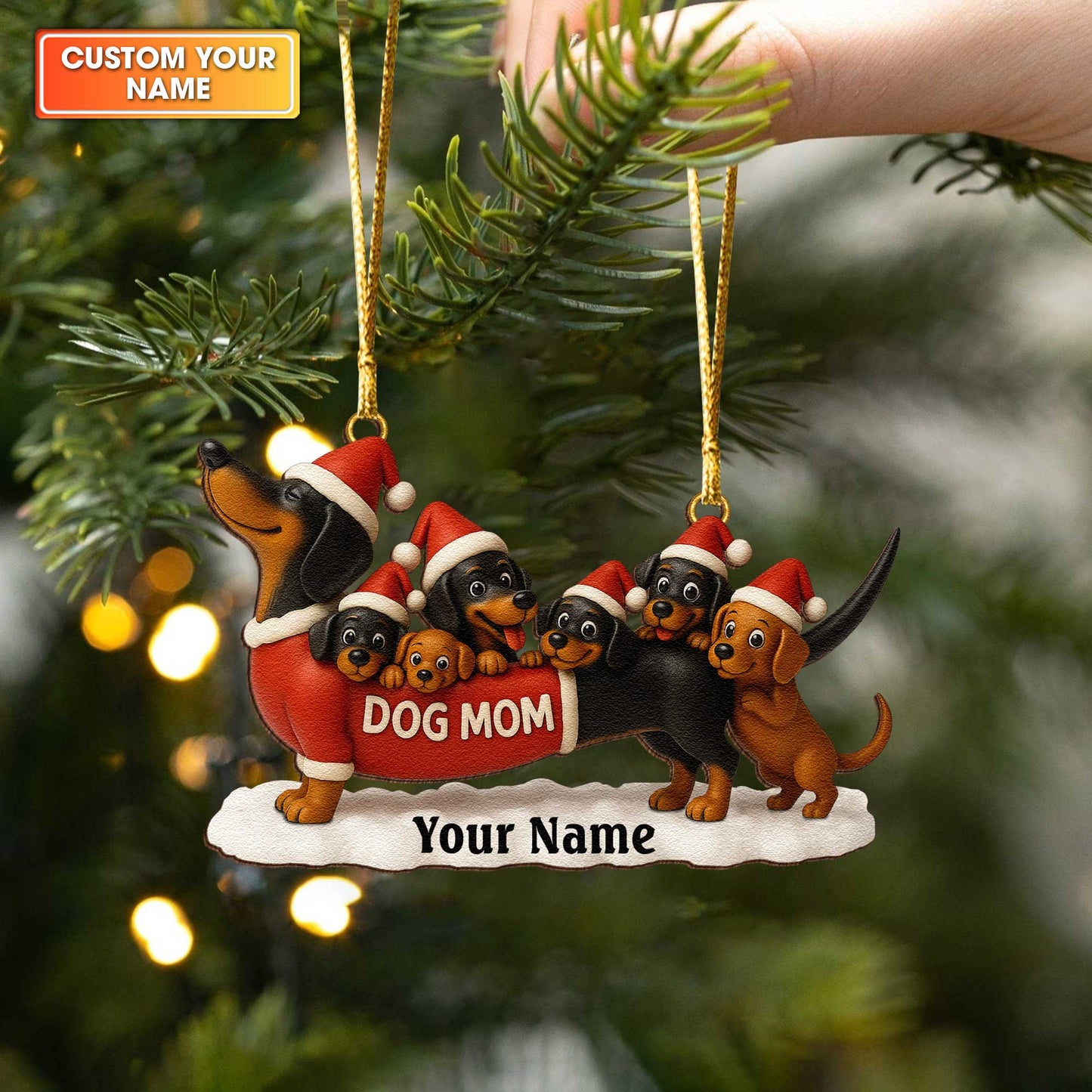 Dog Mom Dachshund Family Christmas Ornament, Personalized Wooden Dachshund Christmas Ornament