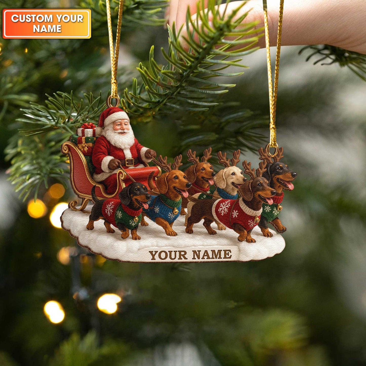 A Pack Of Dachshunds Pulling Santa’s Sleigh Ornament, Personalized Cute Dachshunds Wooden Ornament