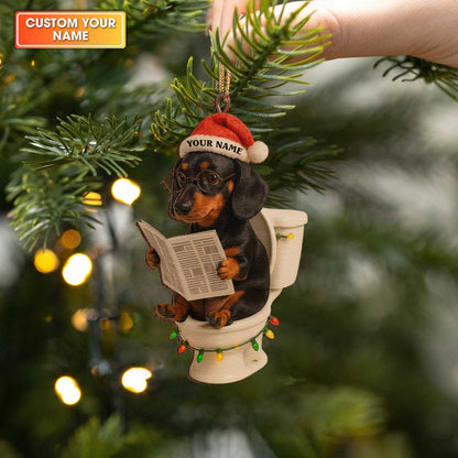 Funny Christmas Dachshund On Toilet Reading News Ornament Decoration, Personalized Wooden Ornament For Dachshund Lovers