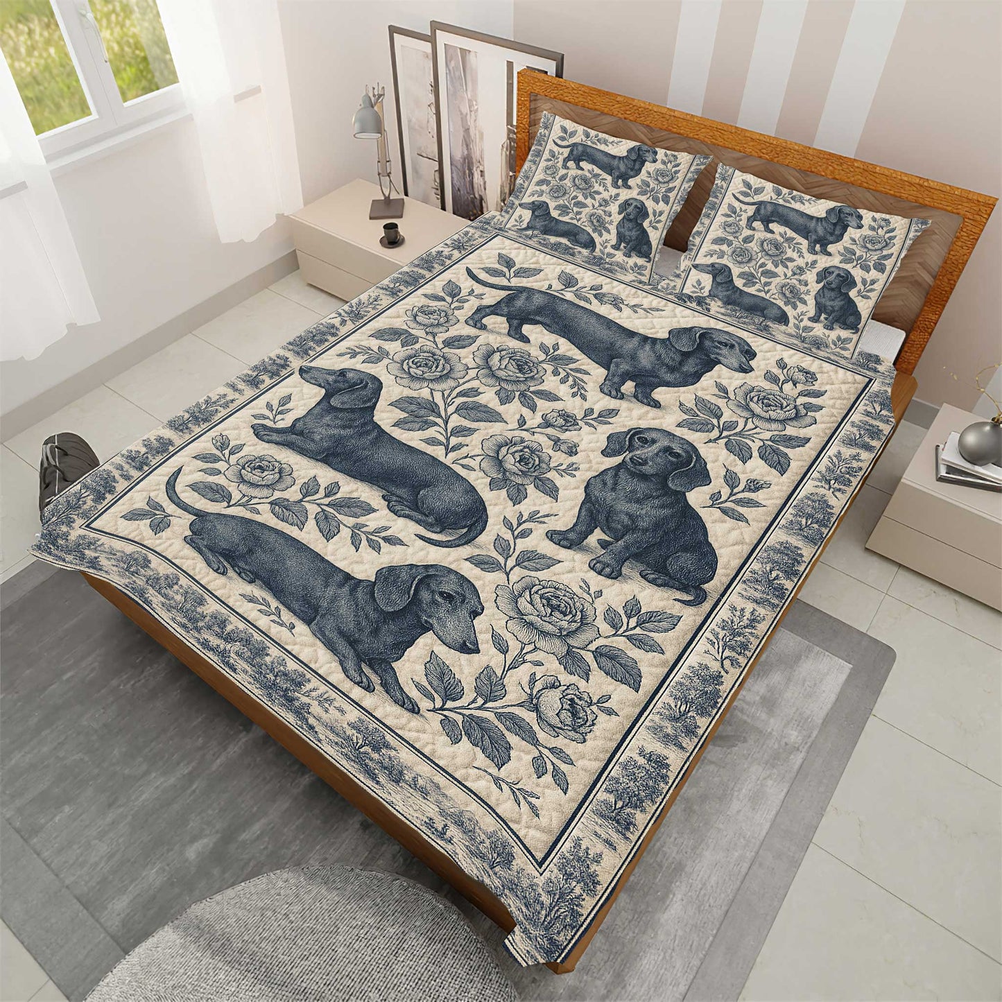 Classic Blue Floral Botanical Dachshund Print, Vintage Dachshund Quilt Set