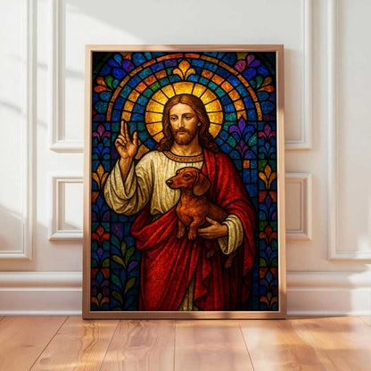 Stained Glass Jesus Holding Dachshund Canvas Wall Art, Spiritual Home Décor, Vibrant Religious Artwork