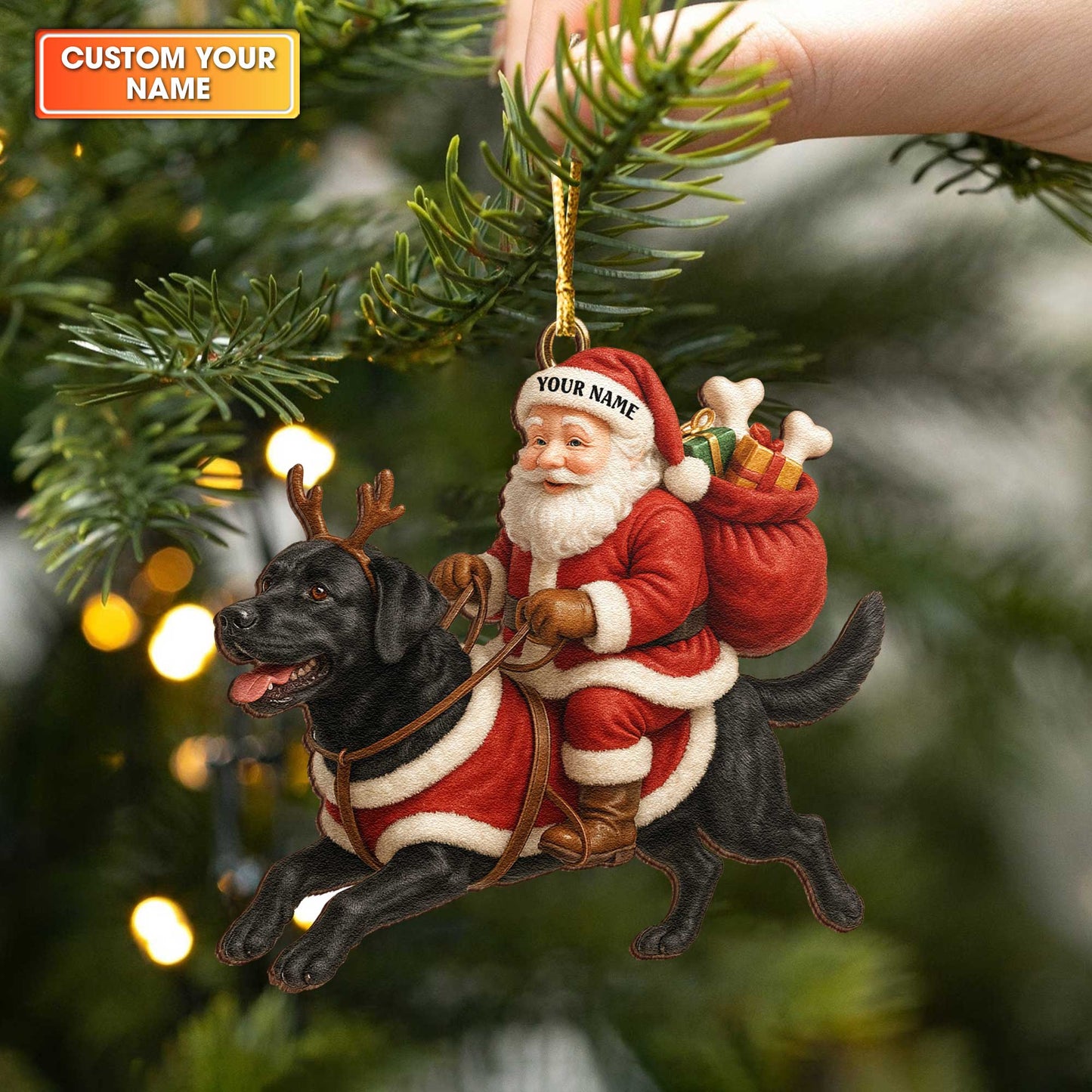 Santa Riding Black Lab Christmas Ornament, Personalized Cute Labrador Wooden Ornament