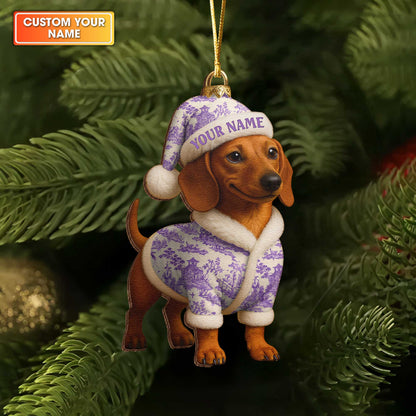 Custom Name Colorful Dachshund In Pajamas Ornament, Personalized Wooden Ornament Christmas Dachshund Decoration