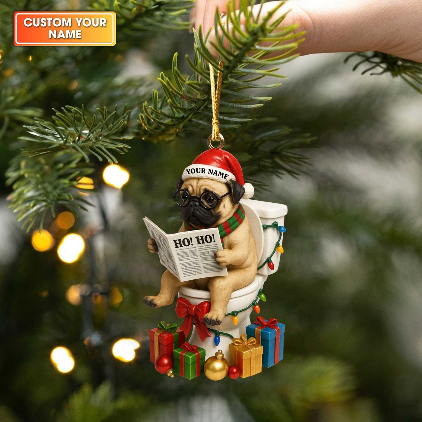 Personalized Pug Christmas Ornament, Funny Custom Name Dog Toilet Decoration, Holiday Gift for Pug Lovers