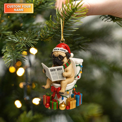Personalized Pug Christmas Ornament, Funny Custom Name Dog Toilet Decoration, Holiday Gift for Pug Lovers