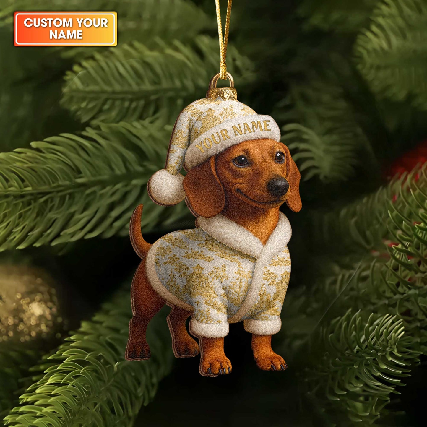 Custom Name Colorful Dachshund In Pajamas Ornament, Personalized Wooden Ornament Christmas Dachshund Decoration