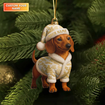 Custom Name Colorful Dachshund In Pajamas Ornament, Personalized Wooden Ornament Christmas Dachshund Decoration
