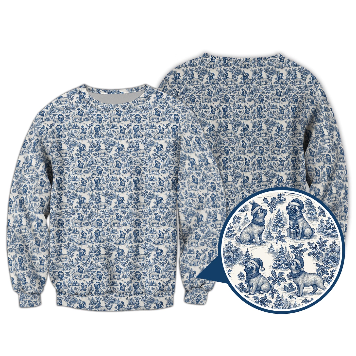 Christmas Pug Pattern Shirt, Toile De Jouy Shirt With Cute Pug, Xmas Hoodie For Dog Lover