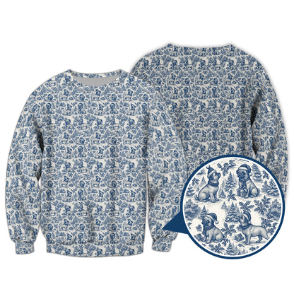 Christmas Pug Pattern Shirt, Toile De Jouy Shirt With Cute Pug, Xmas Hoodie For Dog Lover