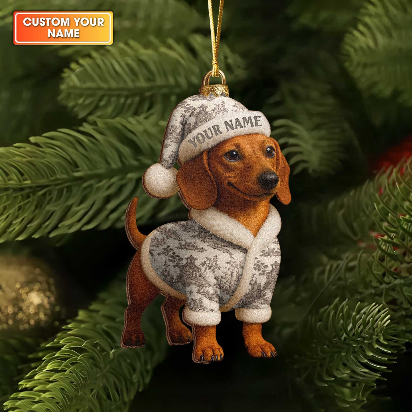 Custom Name Colorful Dachshund In Pajamas Ornament, Personalized Wooden Ornament Christmas Dachshund Decoration