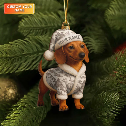 Custom Name Colorful Dachshund In Pajamas Ornament, Personalized Wooden Ornament Christmas Dachshund Decoration