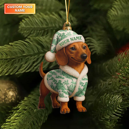 Custom Name Colorful Dachshund In Pajamas Ornament, Personalized Wooden Ornament Christmas Dachshund Decoration
