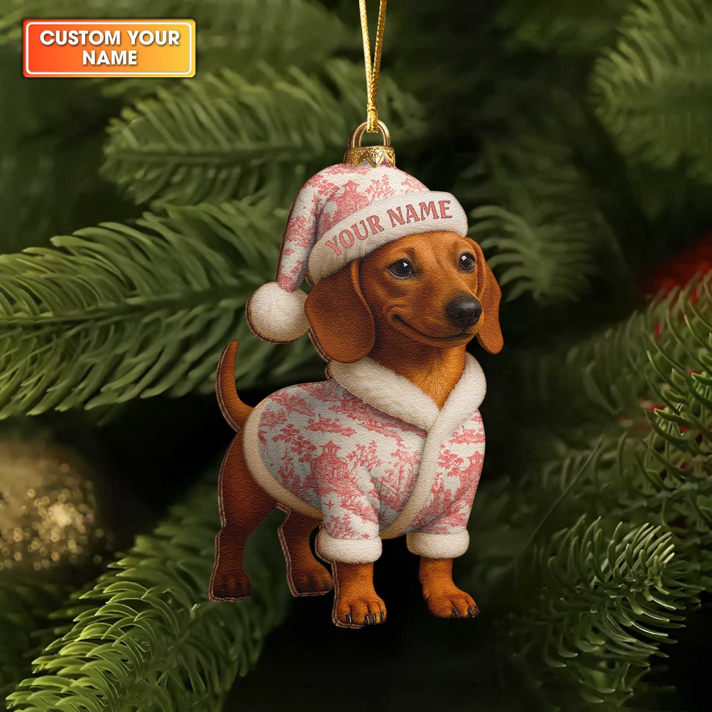 Custom Name Colorful Dachshund In Pajamas Ornament, Personalized Wooden Ornament Christmas Dachshund Decoration