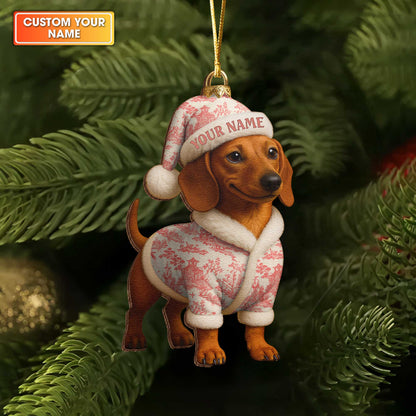 Custom Name Colorful Dachshund In Pajamas Ornament, Personalized Wooden Ornament Christmas Dachshund Decoration