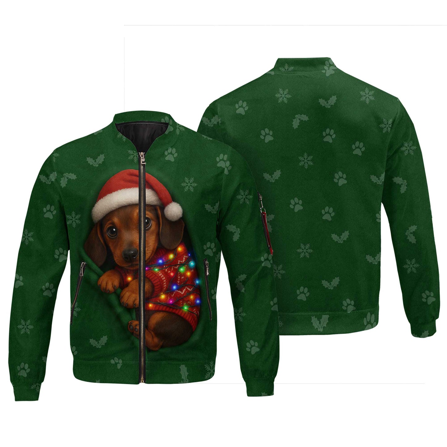 Christmas Dachshund Shirt, Funny Weiner Dog Shirts, Pattern Polos For Spooky Season - Cute Puppy In Santa Hat & Lights