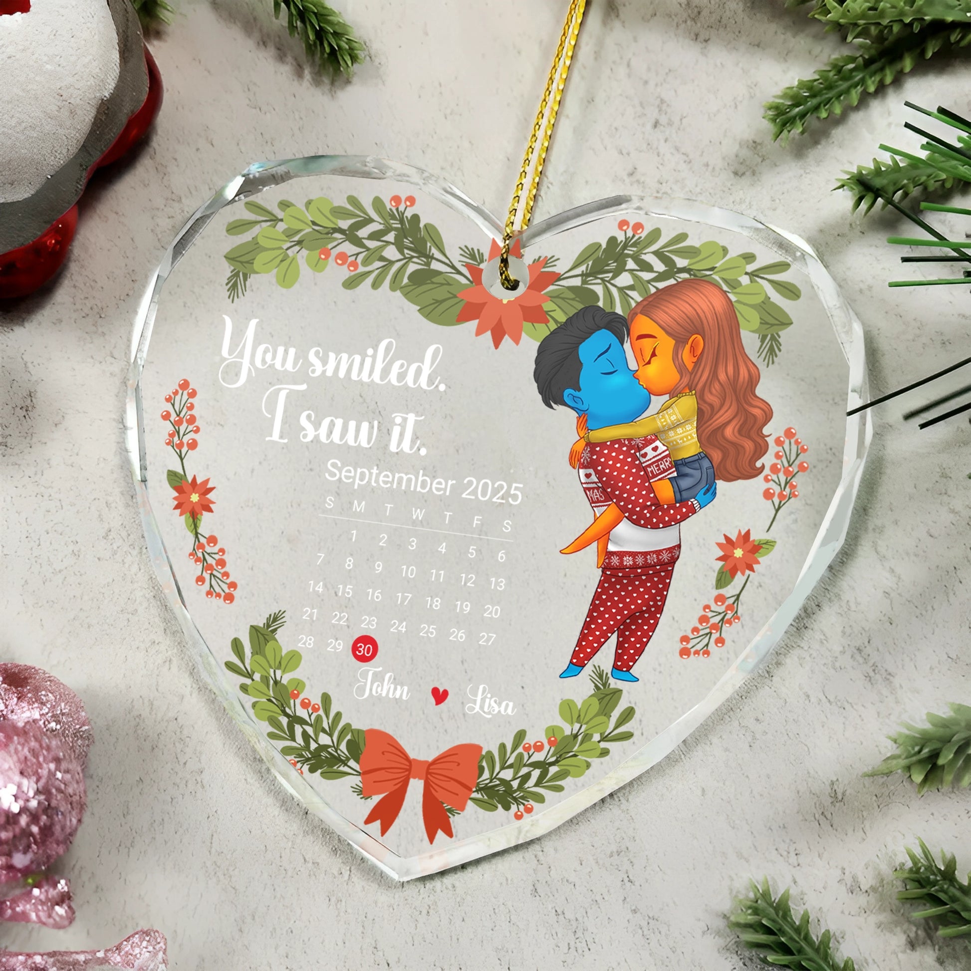 Calendar Couple - Personalized Heart Glass Ornament - You Smiled. I Saw It HOTT67WEB3