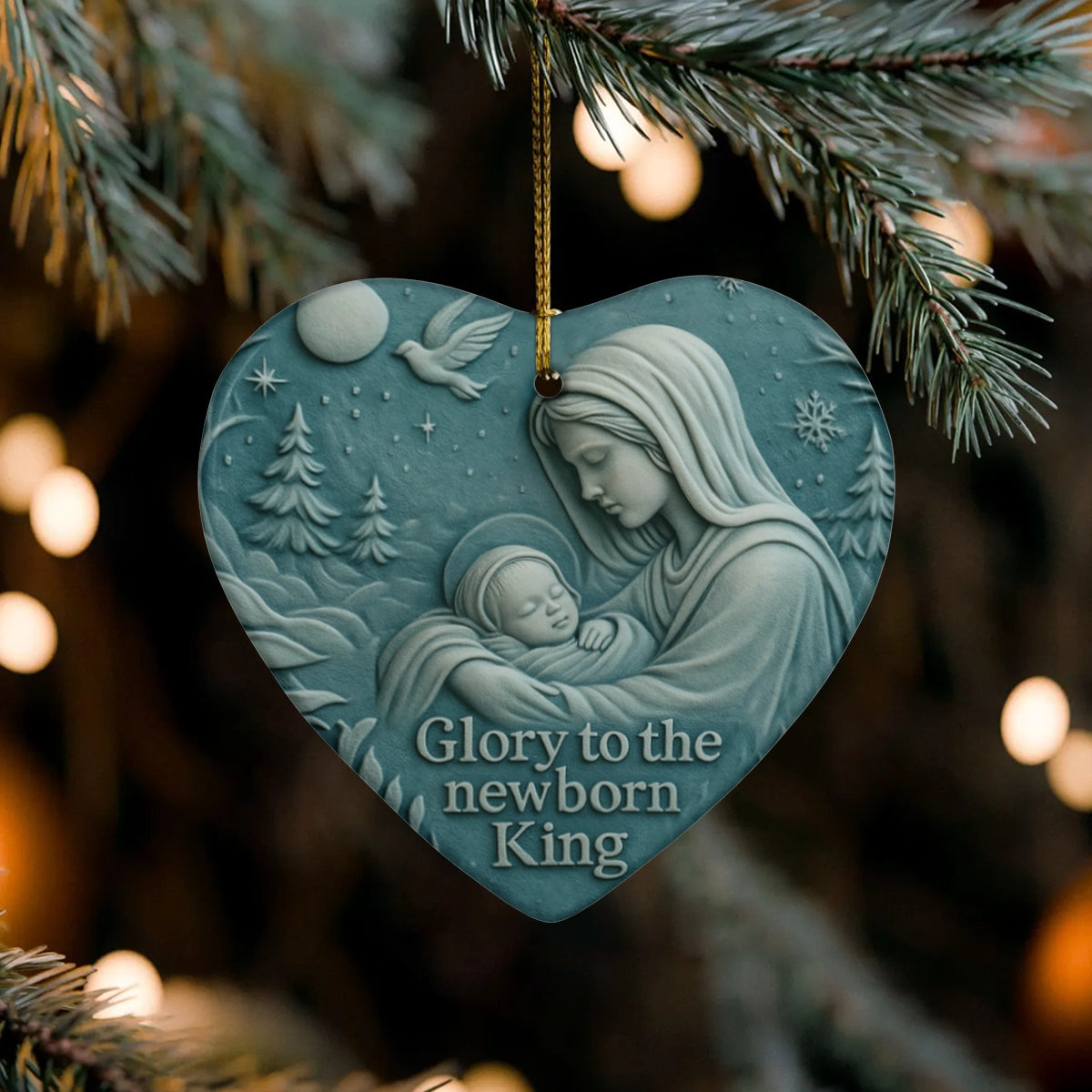 Christmas Decoration - Glory to the Newborn King - Heart Ceramic Ornament Web2