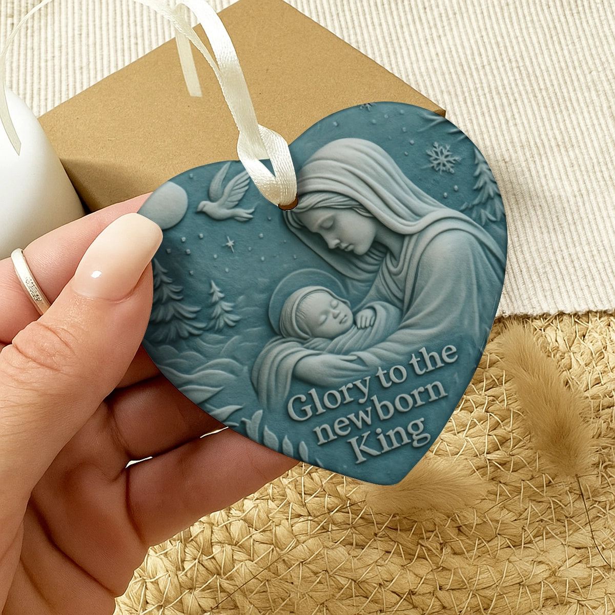 Christmas Decoration - Glory to the Newborn King - Heart Ceramic Ornament Web5