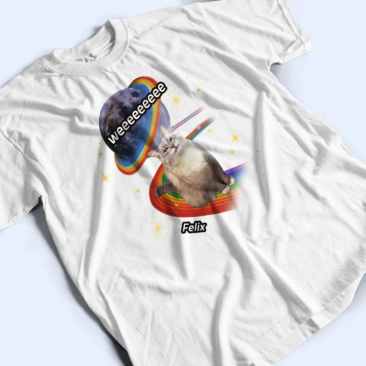 Custom Space Cat T-Shirt - Funny Personalized Rainbow Galaxy Tee With Pet Photo & Name TS-LA40-HN4563