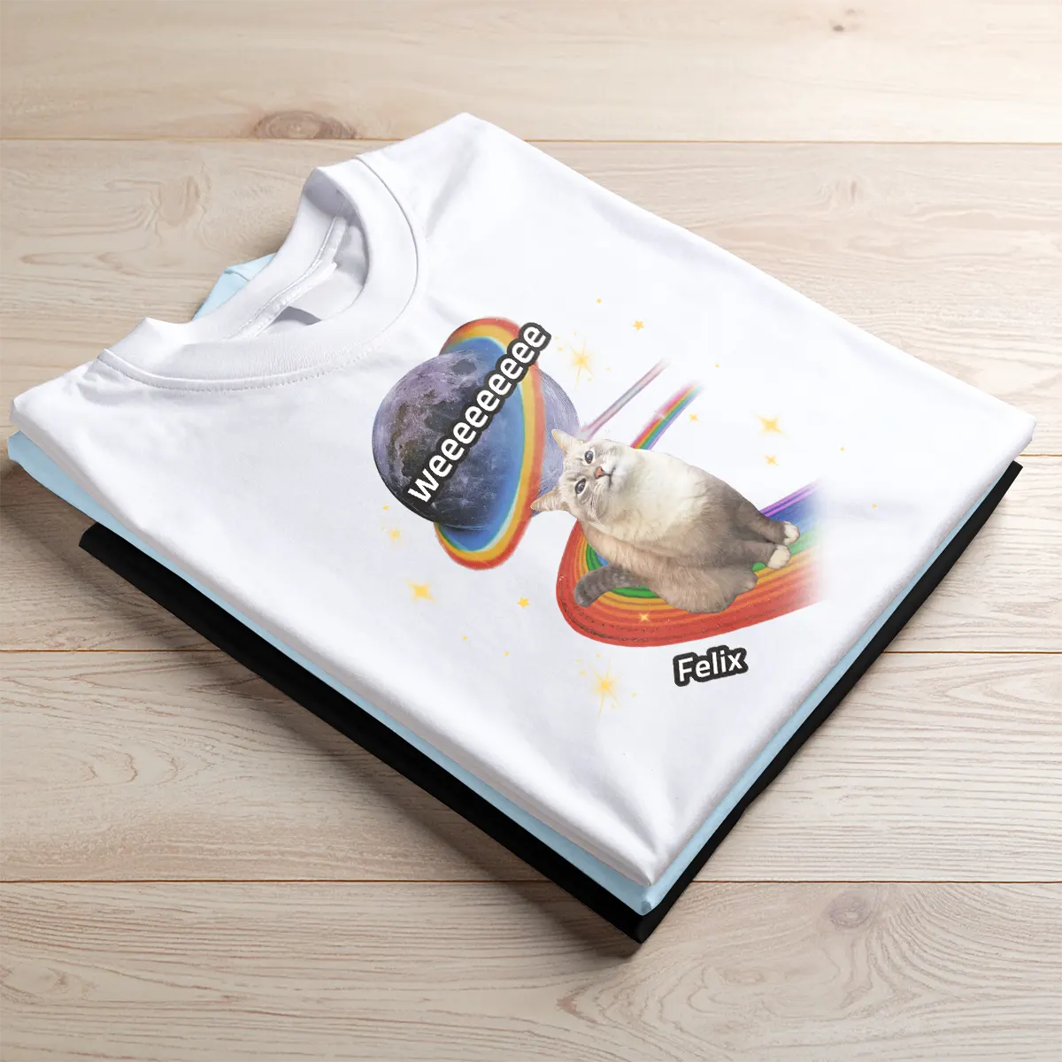 Custom Space Cat T-Shirt - Funny Personalized Rainbow Galaxy Tee With Pet Photo & Name TS-LA40-HN4564