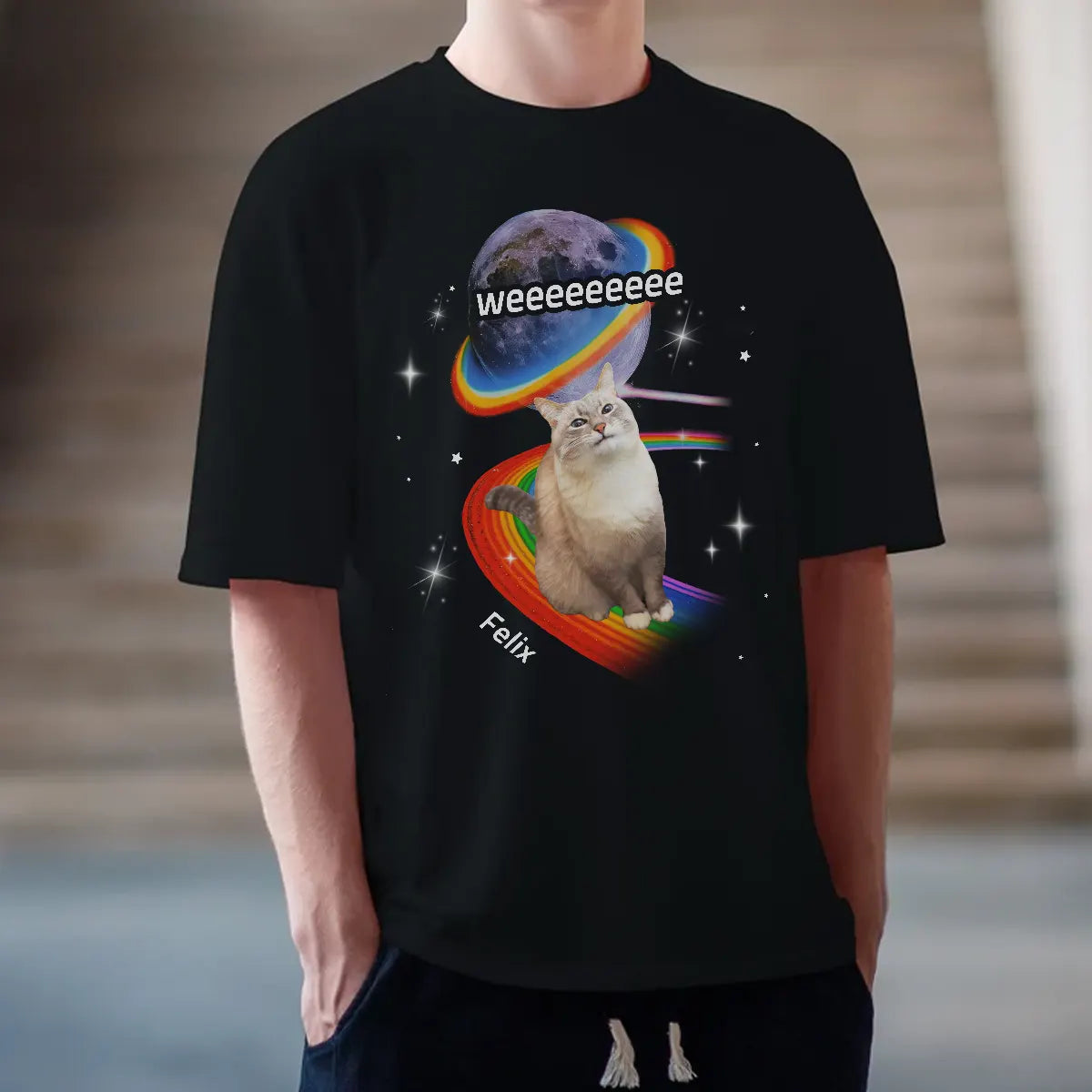 Custom Space Cat T-Shirt - Funny Personalized Rainbow Galaxy Tee With Pet Photo & Name TS-LA40-HN456_2