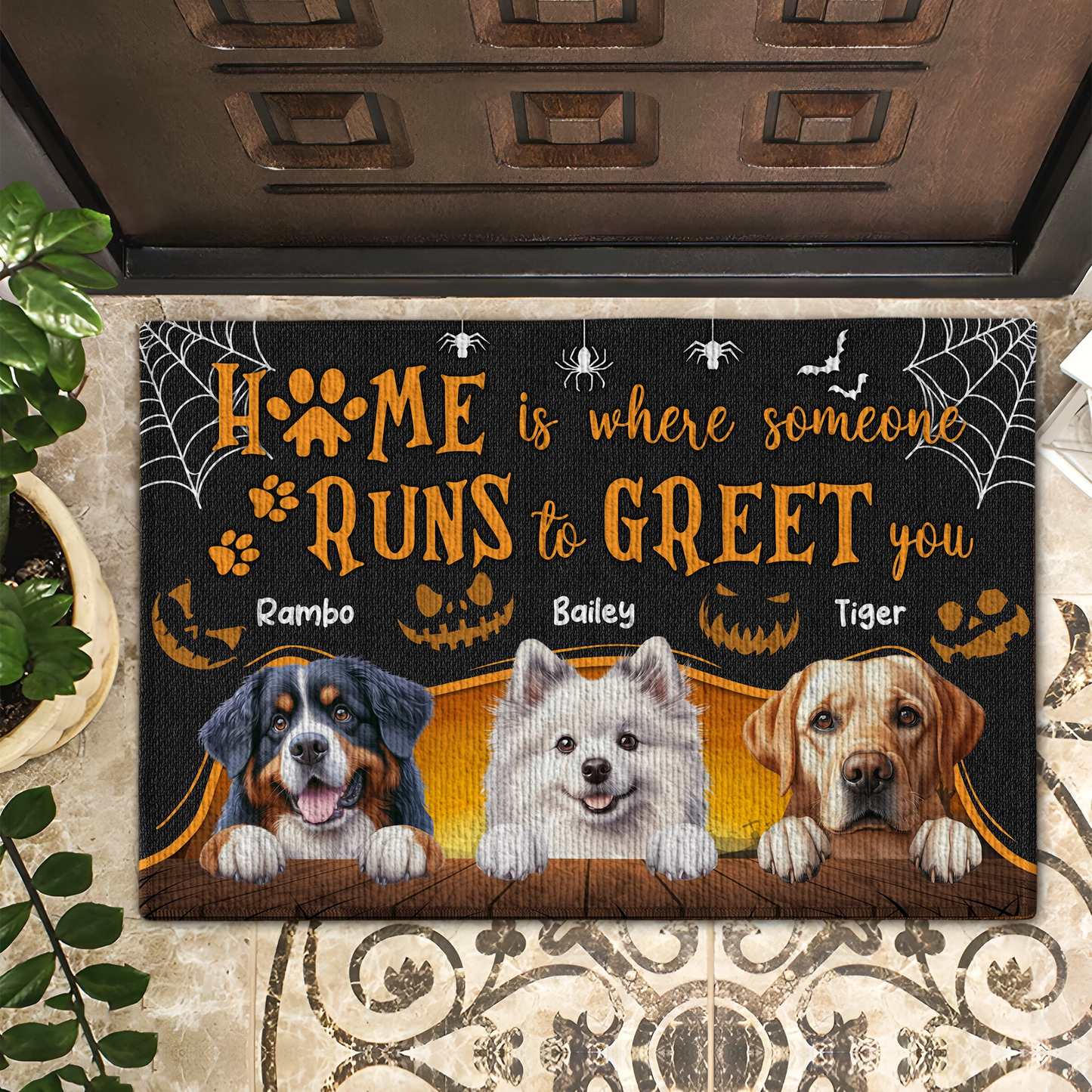 Home Is Where Someone Runs To Greet You - Custom Halloween Decor - Personalized Doormat