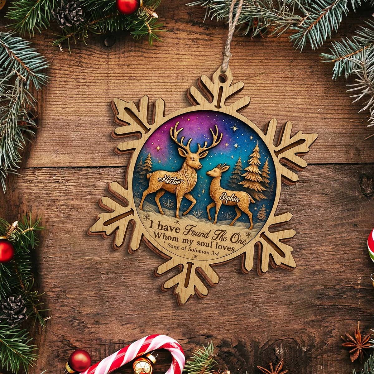 Deer Couple Christmas - I Have Found The One Whom My Soul Loves - Personalized Double-Sided Wooden Ornament Web3