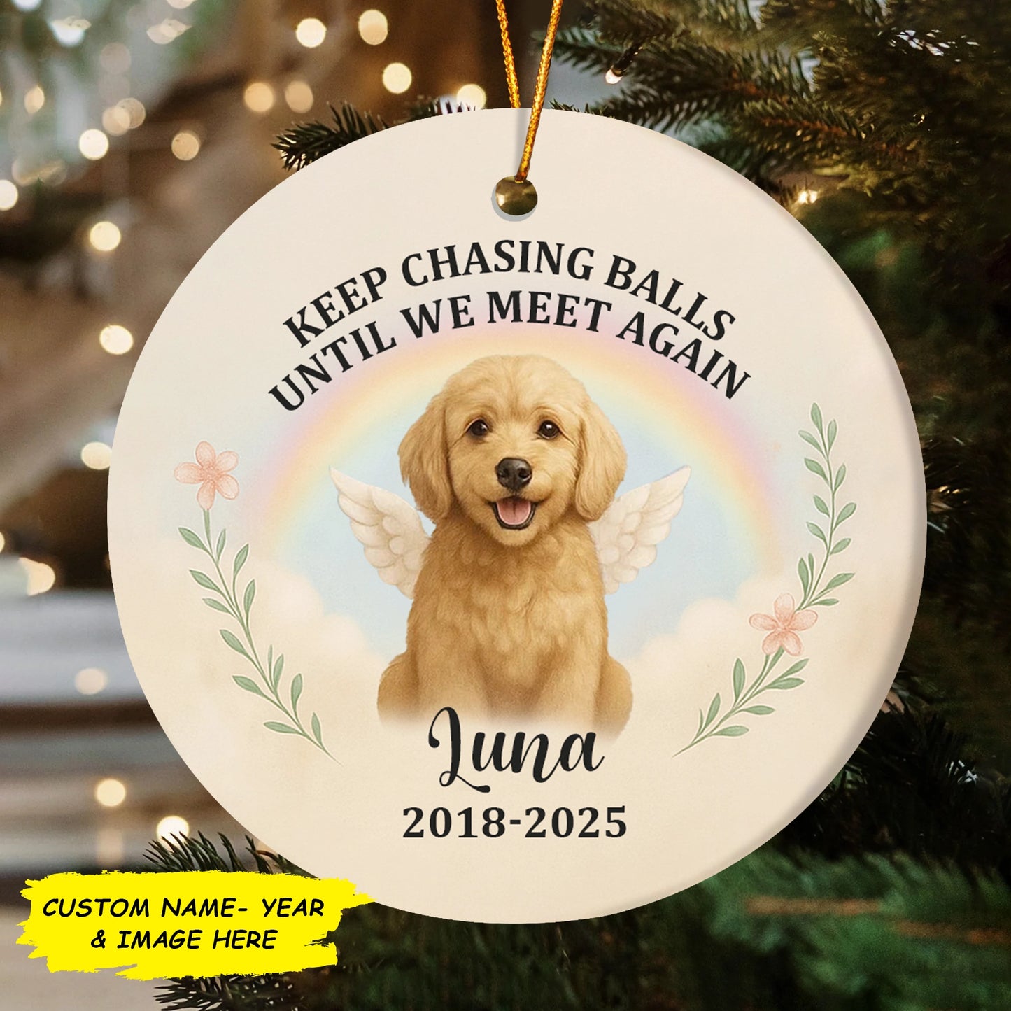 Dog with Wings and Rainbow Design - Personalized Pet Remembrance Ornament-MK_Web2