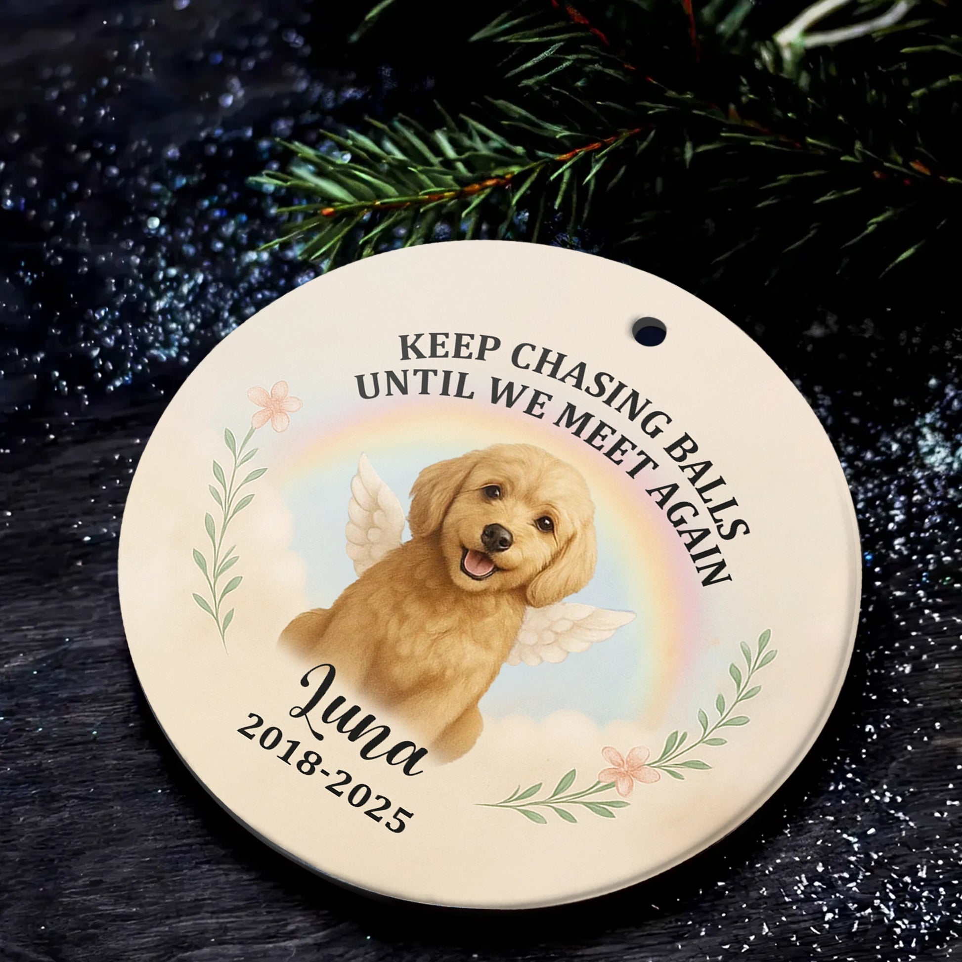 Dog with Wings and Rainbow Design - Personalized Pet Remembrance Ornament-MK_Web4