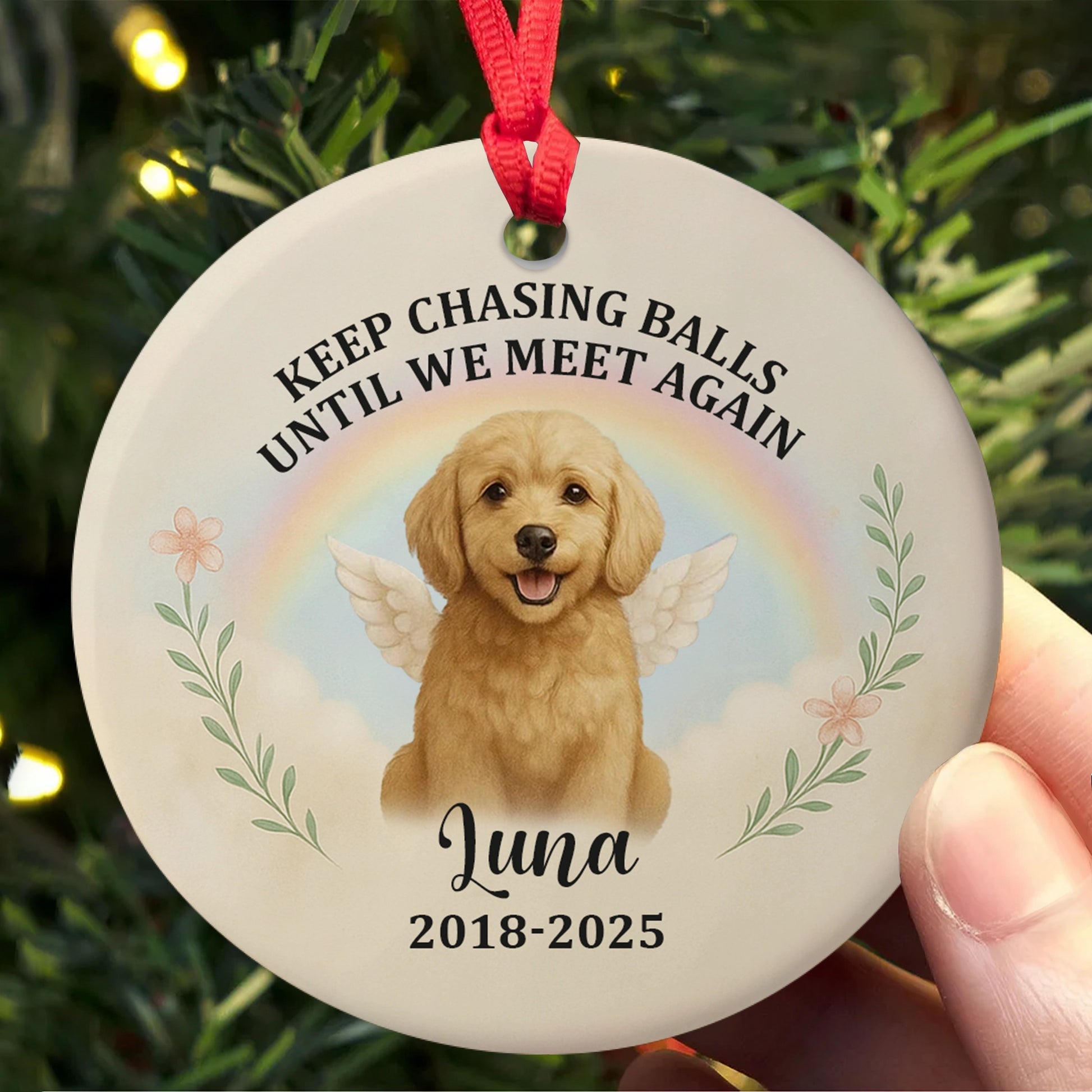 Dog with Wings and Rainbow Design - Personalized Pet Remembrance Ornament-MK_Web5