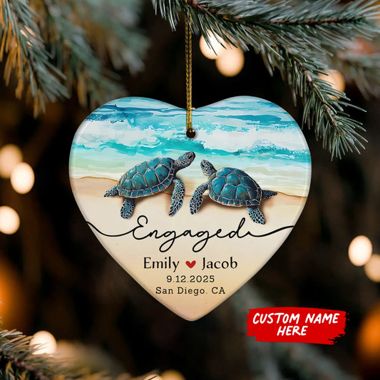 Engagement Gift - Sea Turtle Couple - Personalized Ceramic Heart Ornament-mk1